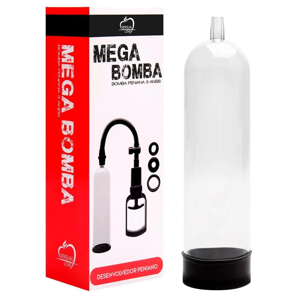 Mega Bomba peniana manual com 3 aneis Sensual Love com a caixa