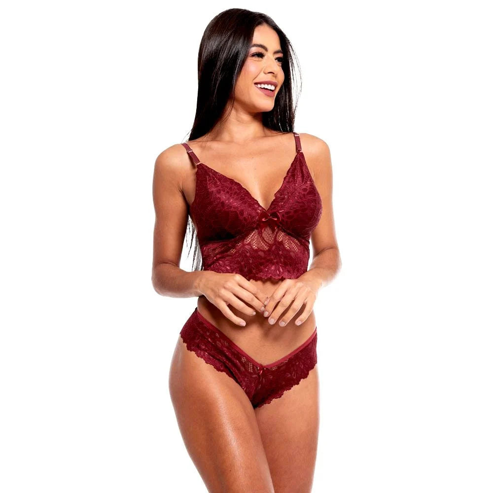 Conjunto cropped e calcinha em renda vinho