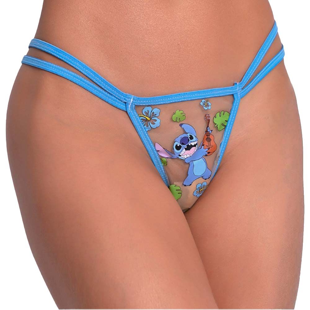 Calcinha fio dental transparente estampada com alcas duplas