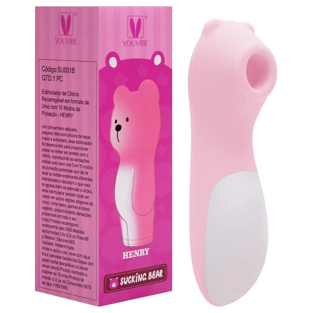 Estimulador de clitoris Henry formato de urso rosa da Youvibe com a caixa