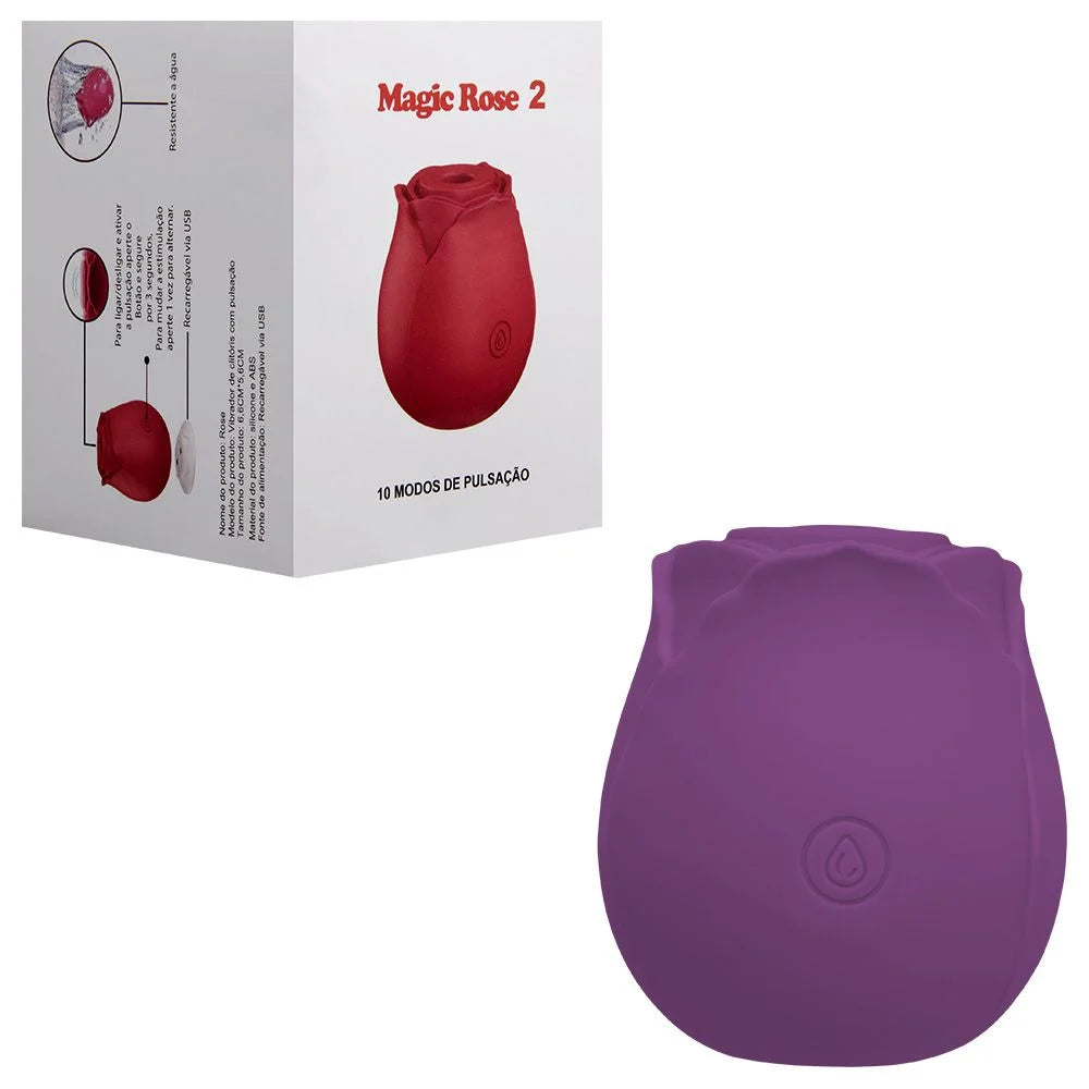 Estimulador de clitoris Magic Rose 2 roxo em formato de rosa com a caixa